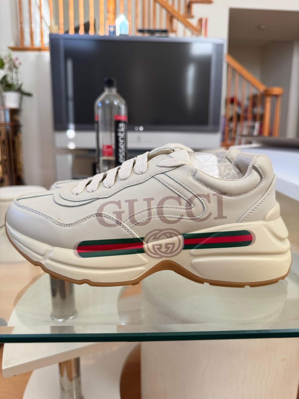 Cream Leather Sneaker with Green and Red Web Stripe